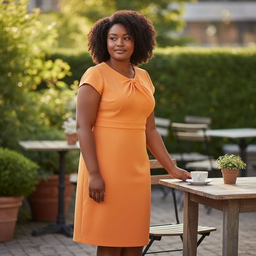 Tahari Orange Short-Sleeve Pleated Neck Sheath Dress